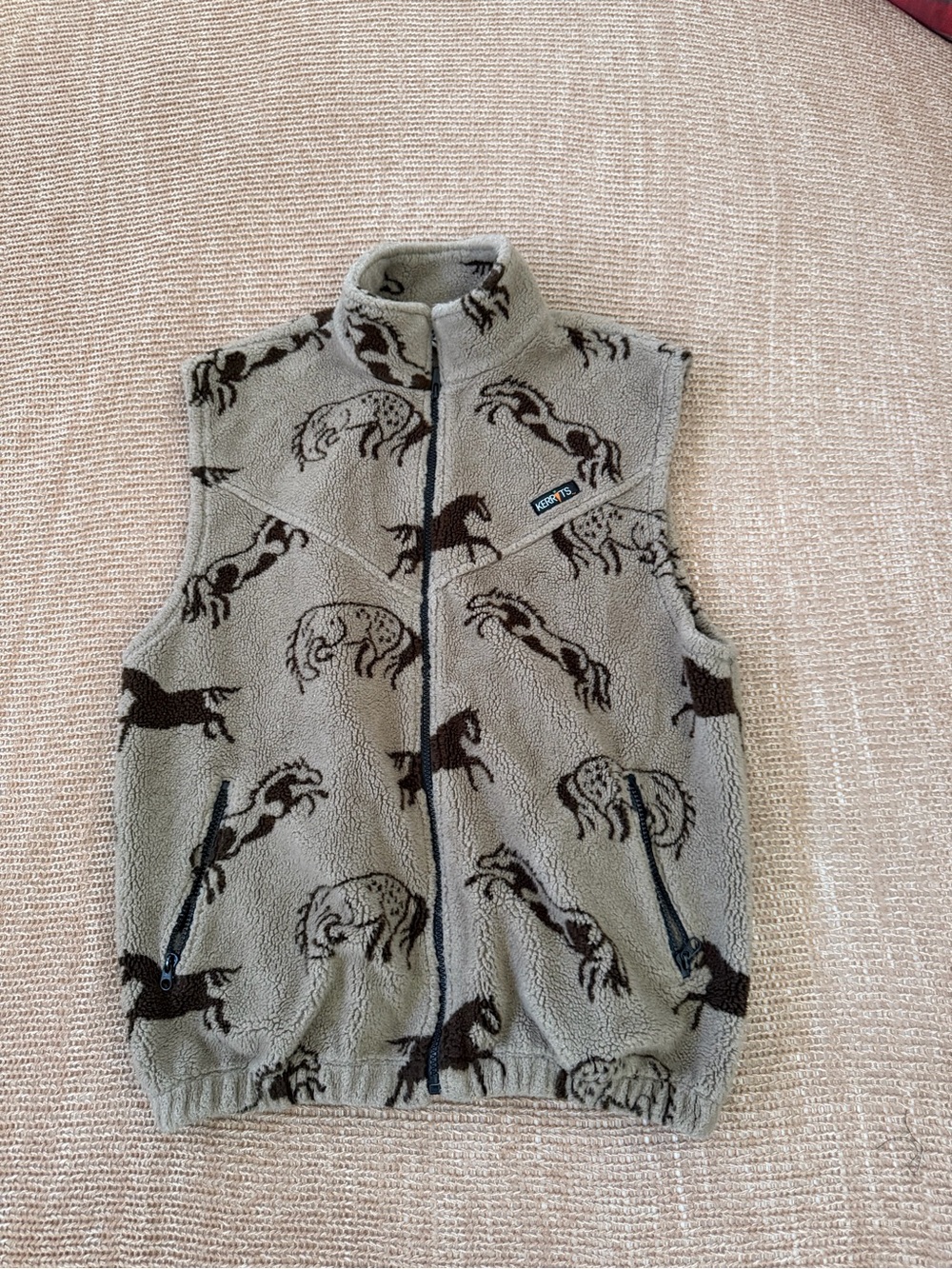 Kerrits Horse-Print Fleece Zip Vest in Gray and Brown